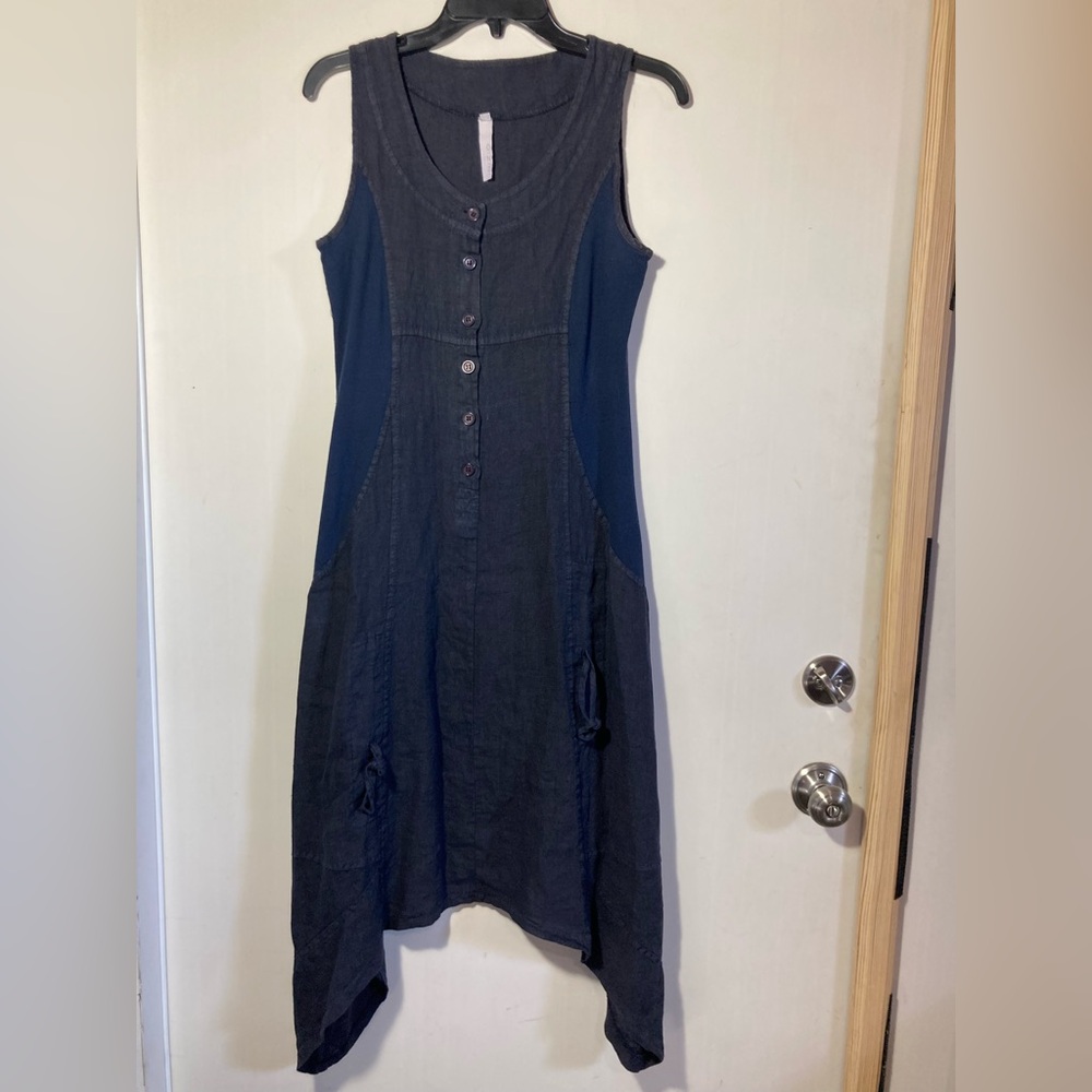 INIZIO 100% Linen Asymmetrical Midi Dress Ruching Ties Made in Italy Size Small